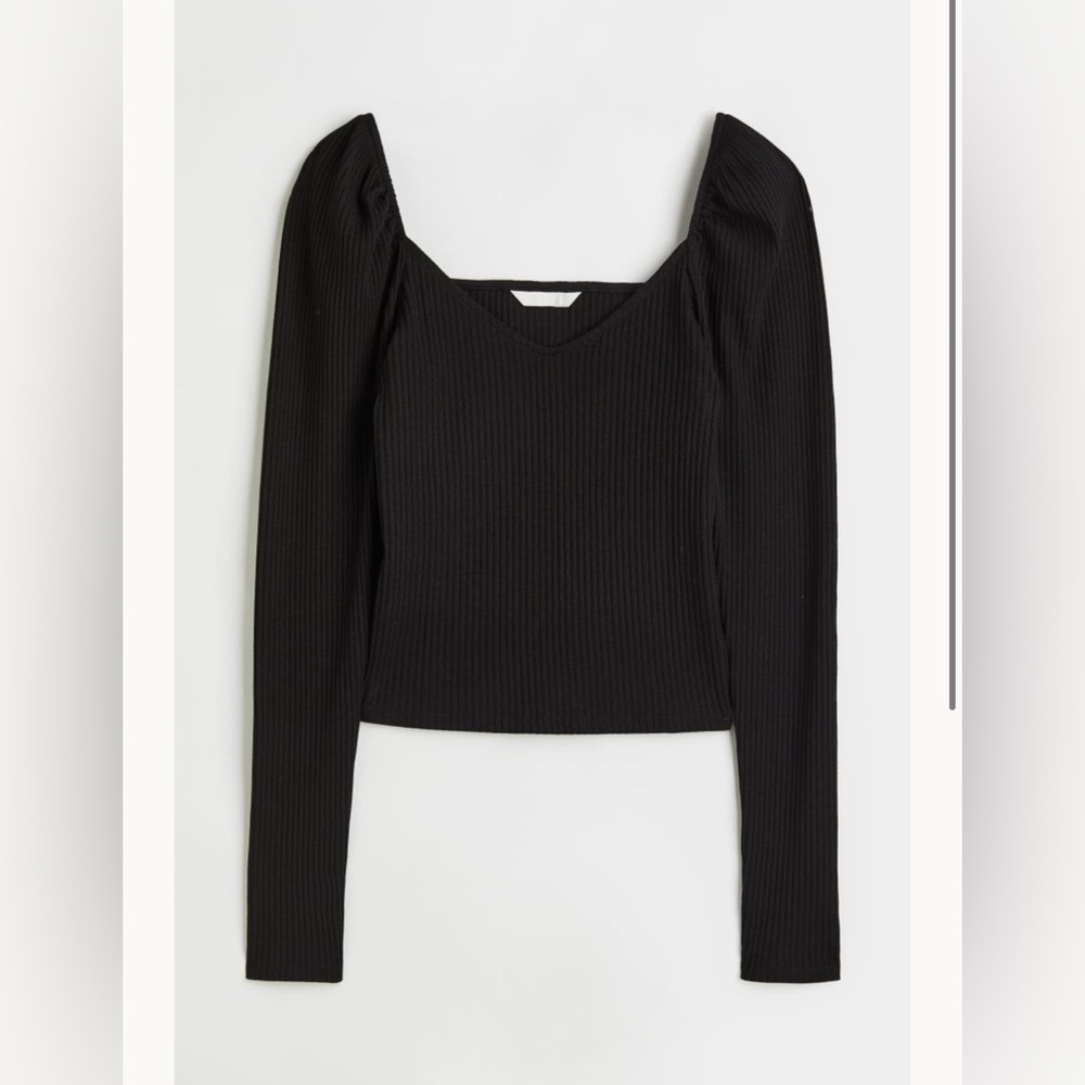 H&M Black Ribbed Crop Long Sleep Small Puff Shoulder Women XS